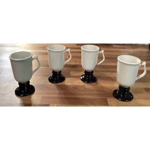 Set Of 4 HALL 1273 White and Black Pedestal Irish Coffee Mugs Cups USA 6” - Picture 1 of 10